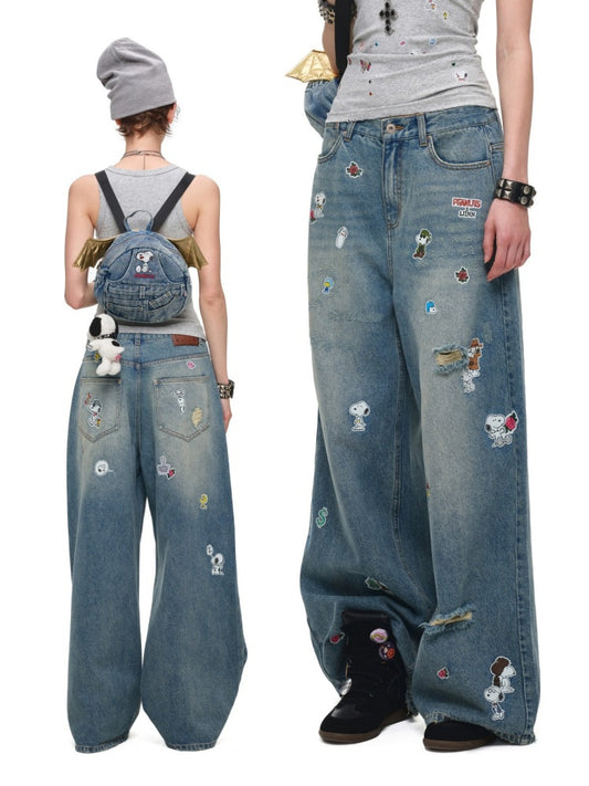 1JINN STUDIO x Snoopy Collaboration Sticker Print Vintage Loose Straight-Leg Ripped Floor-Length Denim Pants【s0000018140】