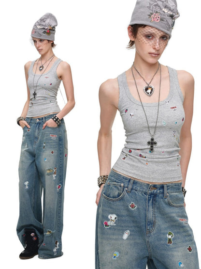 1JINN STUDIO x Snoopy Collaboration Sticker Print Vintage Loose Straight-Leg Ripped Floor-Length Denim Pants【s0000018140】