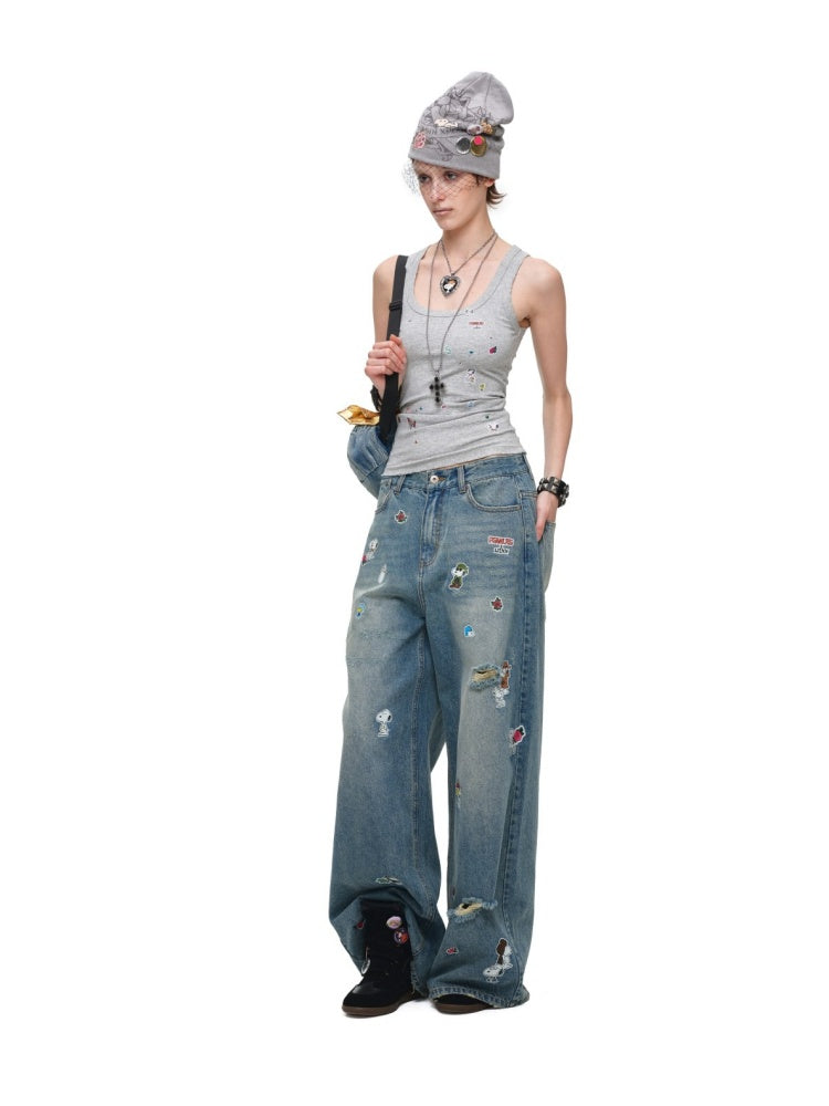 1JINN STUDIO x Snoopy Collaboration Sticker Print Vintage Loose Straight-Leg Ripped Floor-Length Denim Pants【s0000018140】