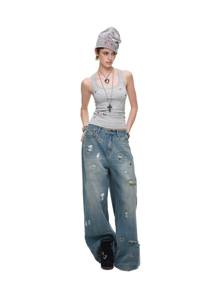 1JINN STUDIO x Snoopy Collaboration Sticker Print Vintage Loose Straight-Leg Ripped Floor-Length Denim Pants【s0000018140】