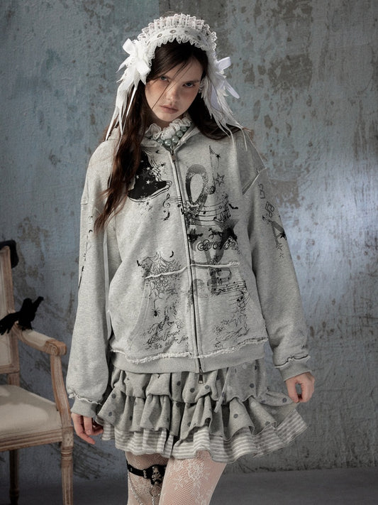 Loose Detachable Hooded Zip-Up Gray Sweatshirt Jacket【s0000018410】
