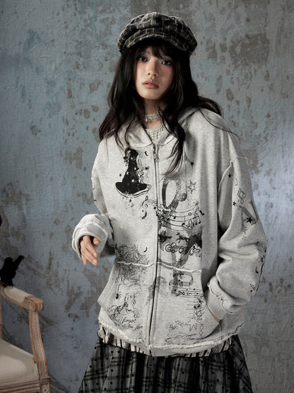 Loose Detachable Hooded Zip-Up Gray Sweatshirt Jacket【s0000018410】