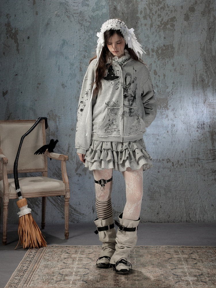 Loose Detachable Hooded Zip-Up Gray Sweatshirt Jacket【s0000018410】