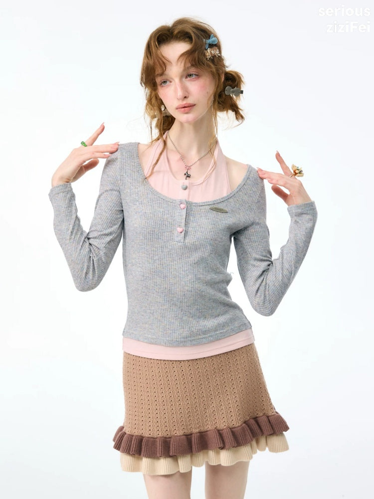College Style Two-Piece Gray Long-Sleeve T-Shirt&Halter Neck Knit Top【s0000018411】