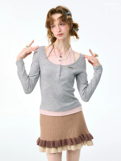 College Style Two-Piece Gray Long-Sleeve T-Shirt&Halter Neck Knit Top【s0000018411】
