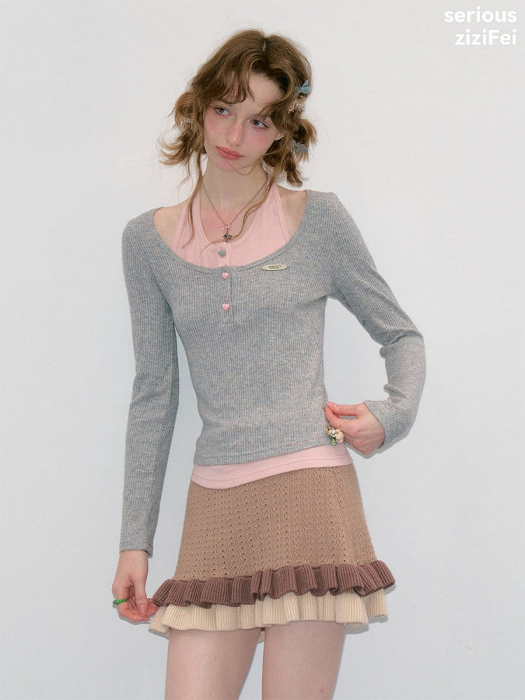 College Style Two-Piece Gray Long-Sleeve T-Shirt&Halter Neck Knit Top【s0000018411】