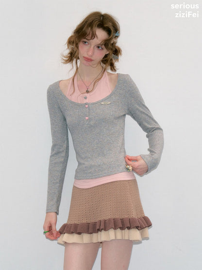 College Style Two-Piece Gray Long-Sleeve T-Shirt&Halter Neck Knit Top【s0000018411】
