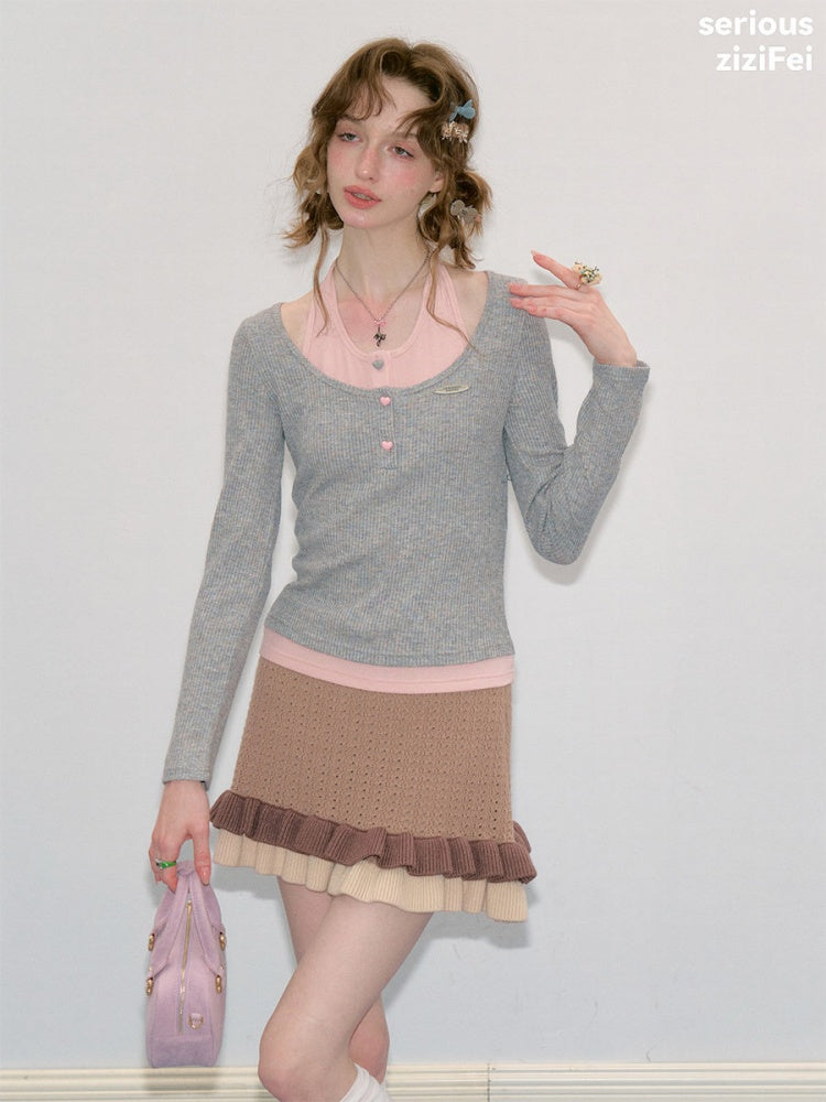 College Style Two-Piece Gray Long-Sleeve T-Shirt&Halter Neck Knit Top【s0000018411】