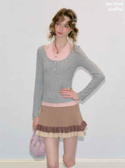 College Style Two-Piece Gray Long-Sleeve T-Shirt&Halter Neck Knit Top【s0000018411】