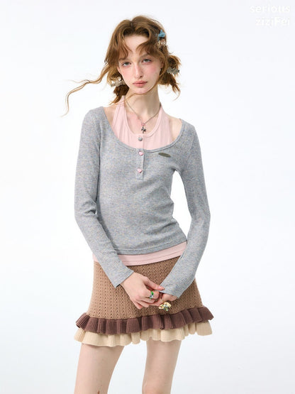 College Style Two-Piece Gray Long-Sleeve T-Shirt&Halter Neck Knit Top【s0000018411】
