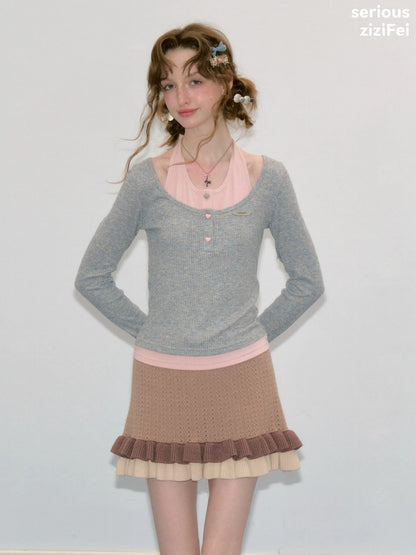 College Style Two-Piece Gray Long-Sleeve T-Shirt&Halter Neck Knit Top【s0000018411】
