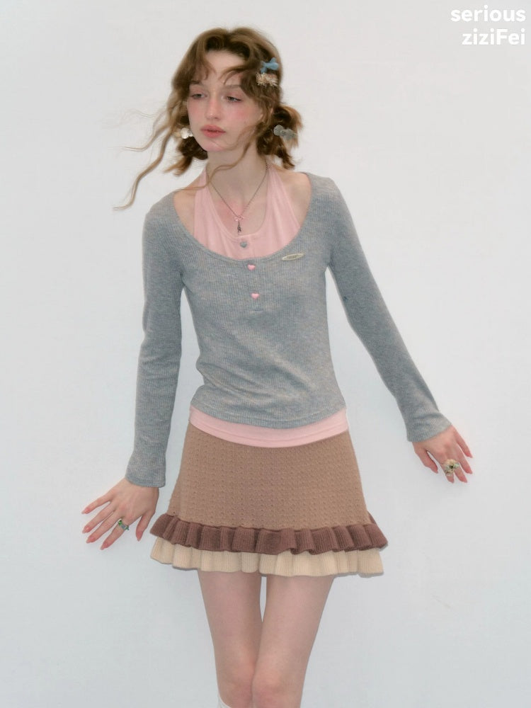 College Style Two-Piece Gray Long-Sleeve T-Shirt&Halter Neck Knit Top【s0000018411】