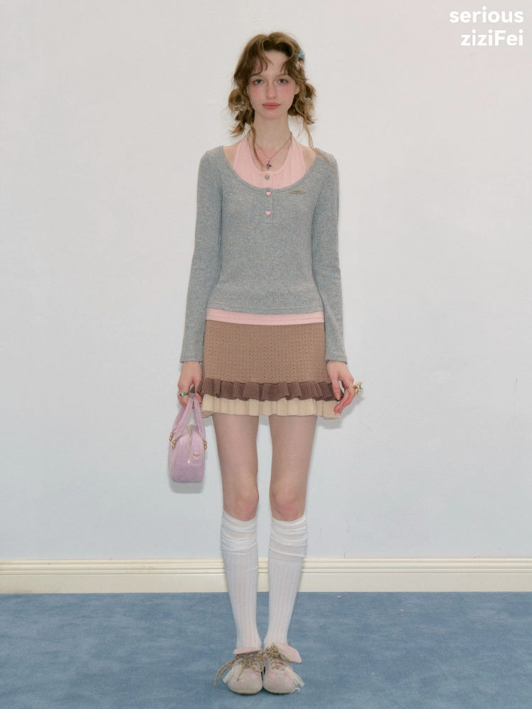 College Style Two-Piece Gray Long-Sleeve T-Shirt&Halter Neck Knit Top【s0000018411】