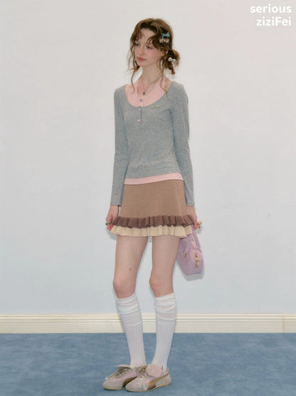 College Style Two-Piece Gray Long-Sleeve T-Shirt&Halter Neck Knit Top【s0000018411】