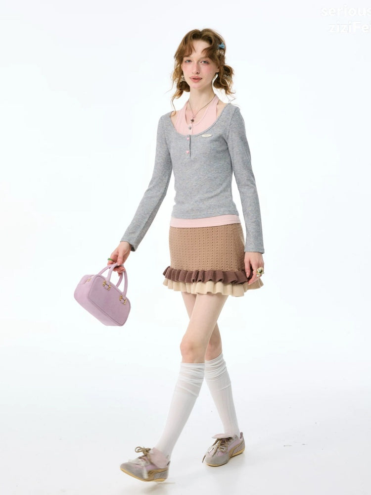 College Style Two-Piece Gray Long-Sleeve T-Shirt&Halter Neck Knit Top【s0000018411】