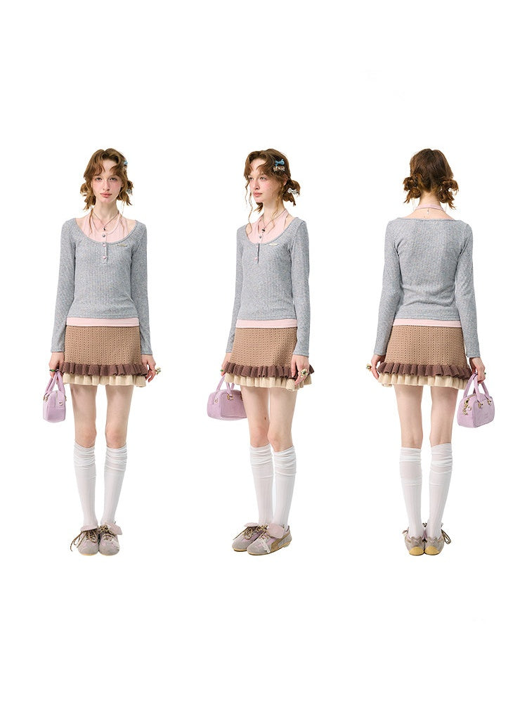 College Style Two-Piece Gray Long-Sleeve T-Shirt&Halter Neck Knit Top【s0000018411】