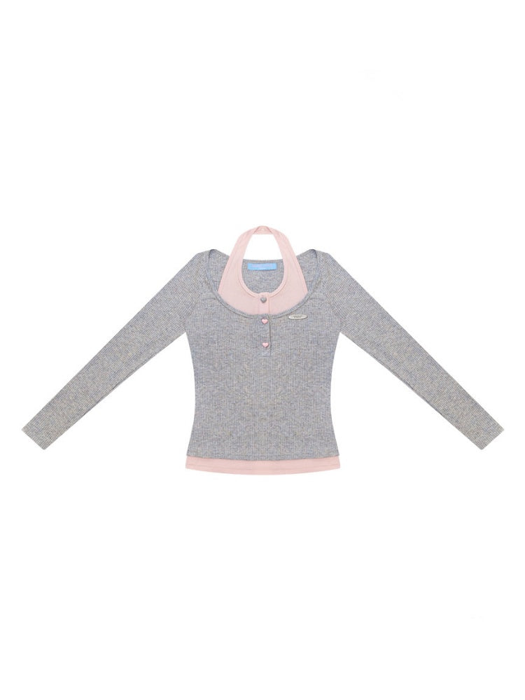College Style Two-Piece Gray Long-Sleeve T-Shirt&Halter Neck Knit Top【s0000018411】
