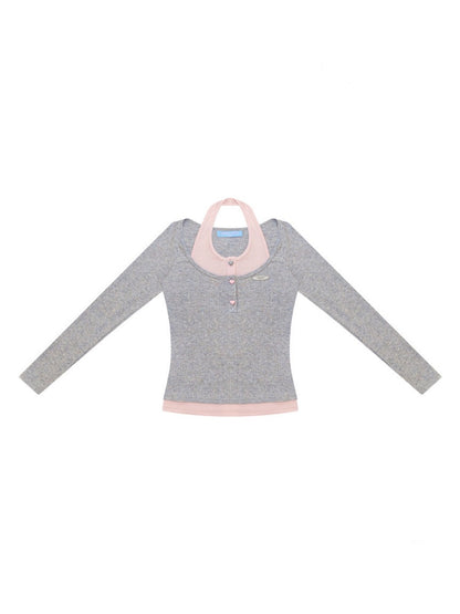 College Style Two-Piece Gray Long-Sleeve T-Shirt&Halter Neck Knit Top【s0000018411】