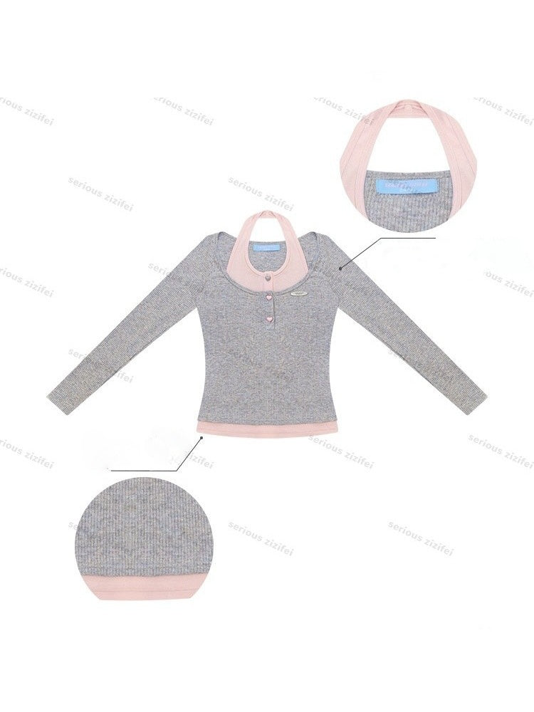 College Style Two-Piece Gray Long-Sleeve T-Shirt&Halter Neck Knit Top【s0000018411】