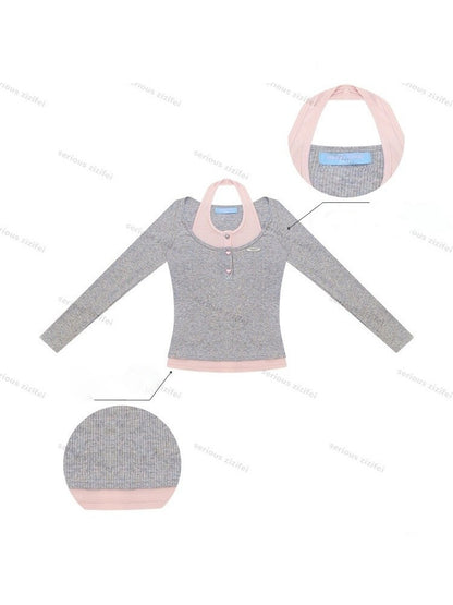 College Style Two-Piece Gray Long-Sleeve T-Shirt&Halter Neck Knit Top【s0000018411】