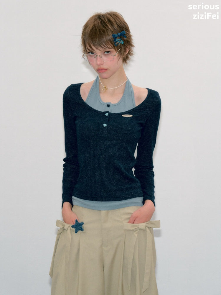 College Style Two-Piece Blue Long-Sleeve T-Shirt&Halter Neck Knit Top【s0000018412】