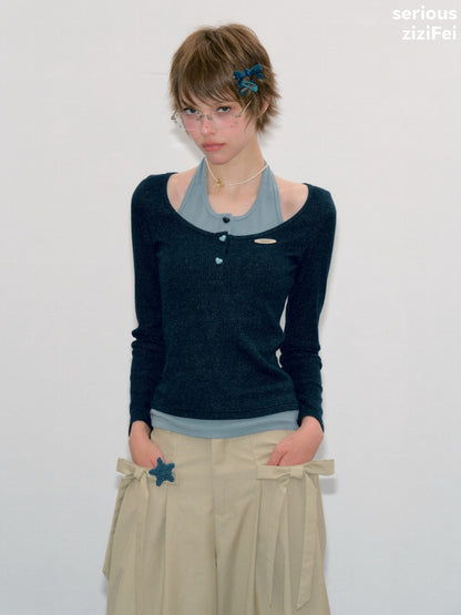 College Style Two-Piece Blue Long-Sleeve T-Shirt&Halter Neck Knit Top【s0000018412】