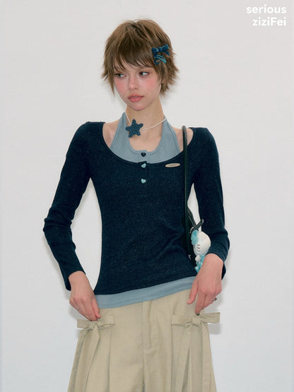 College Style Two-Piece Blue Long-Sleeve T-Shirt&Halter Neck Knit Top【s0000018412】