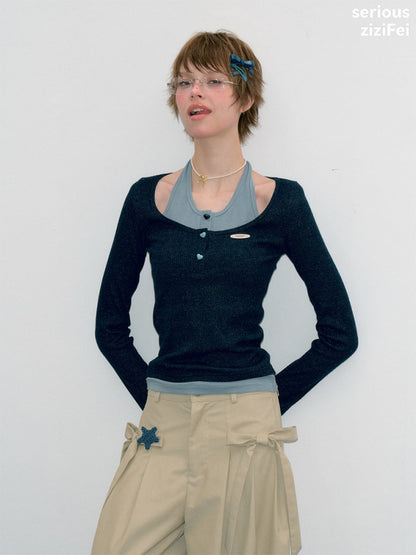College Style Two-Piece Blue Long-Sleeve T-Shirt&Halter Neck Knit Top【s0000018412】