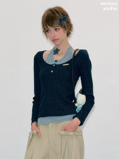 College Style Two-Piece Blue Long-Sleeve T-Shirt&Halter Neck Knit Top【s0000018412】