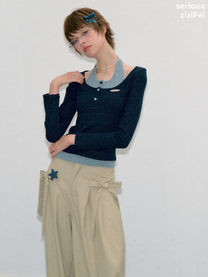 College Style Two-Piece Blue Long-Sleeve T-Shirt&Halter Neck Knit Top【s0000018412】