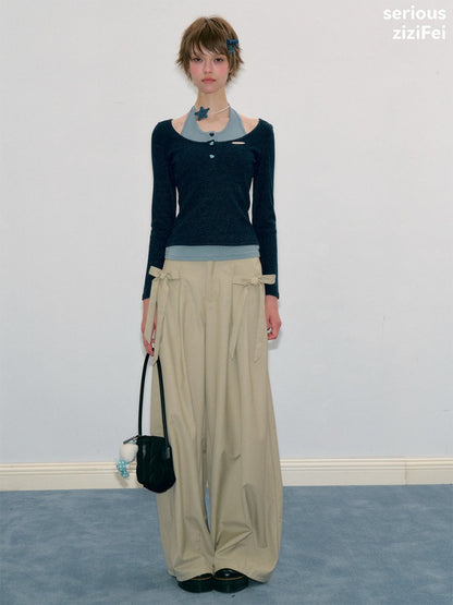 College Style Two-Piece Blue Long-Sleeve T-Shirt&Halter Neck Knit Top【s0000018412】