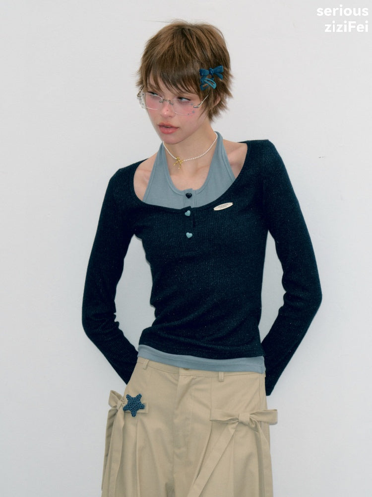 College Style Two-Piece Blue Long-Sleeve T-Shirt&Halter Neck Knit Top【s0000018412】