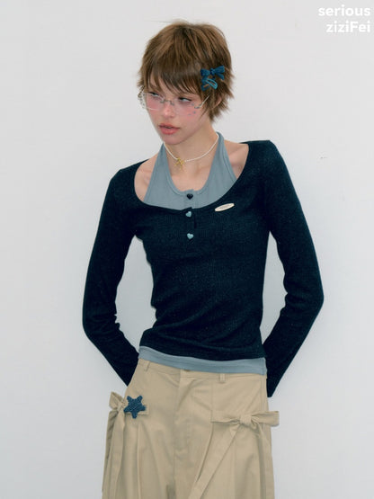 College Style Two-Piece Blue Long-Sleeve T-Shirt&Halter Neck Knit Top【s0000018412】