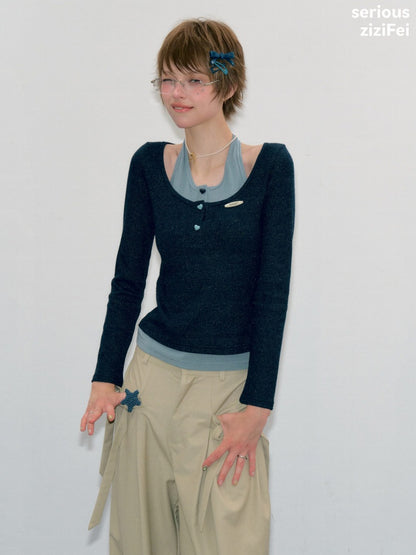 College Style Two-Piece Blue Long-Sleeve T-Shirt&Halter Neck Knit Top【s0000018412】