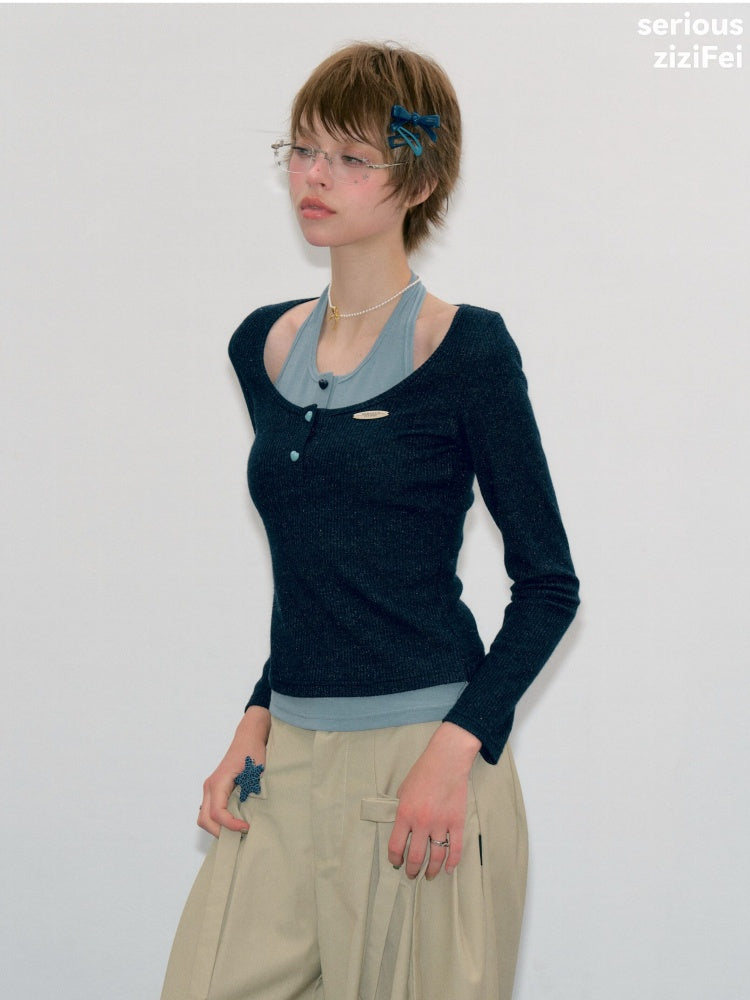 College Style Two-Piece Blue Long-Sleeve T-Shirt&Halter Neck Knit Top【s0000018412】