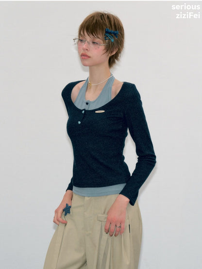 College Style Two-Piece Blue Long-Sleeve T-Shirt&Halter Neck Knit Top【s0000018412】