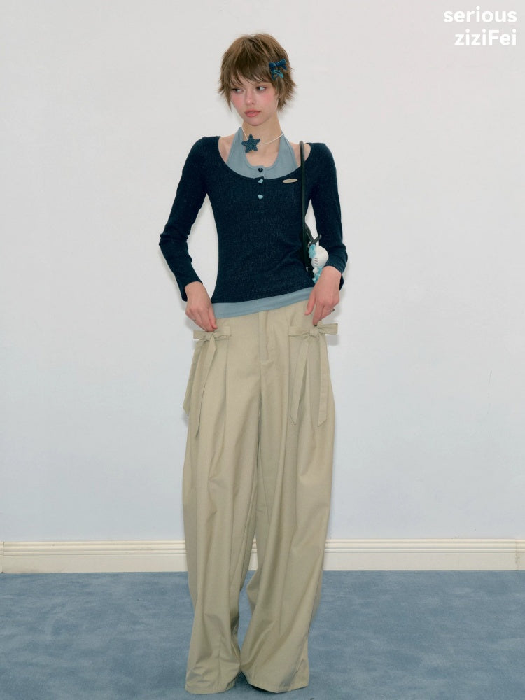 College Style Two-Piece Blue Long-Sleeve T-Shirt&Halter Neck Knit Top【s0000018412】