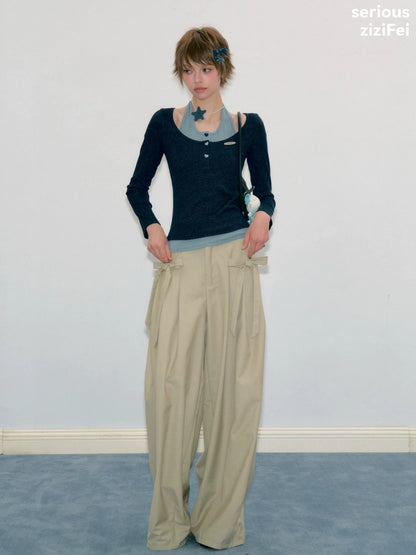 College Style Two-Piece Blue Long-Sleeve T-Shirt&Halter Neck Knit Top【s0000018412】