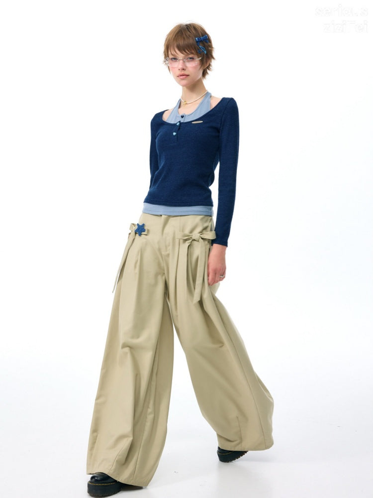 College Style Two-Piece Blue Long-Sleeve T-Shirt&Halter Neck Knit Top【s0000018412】