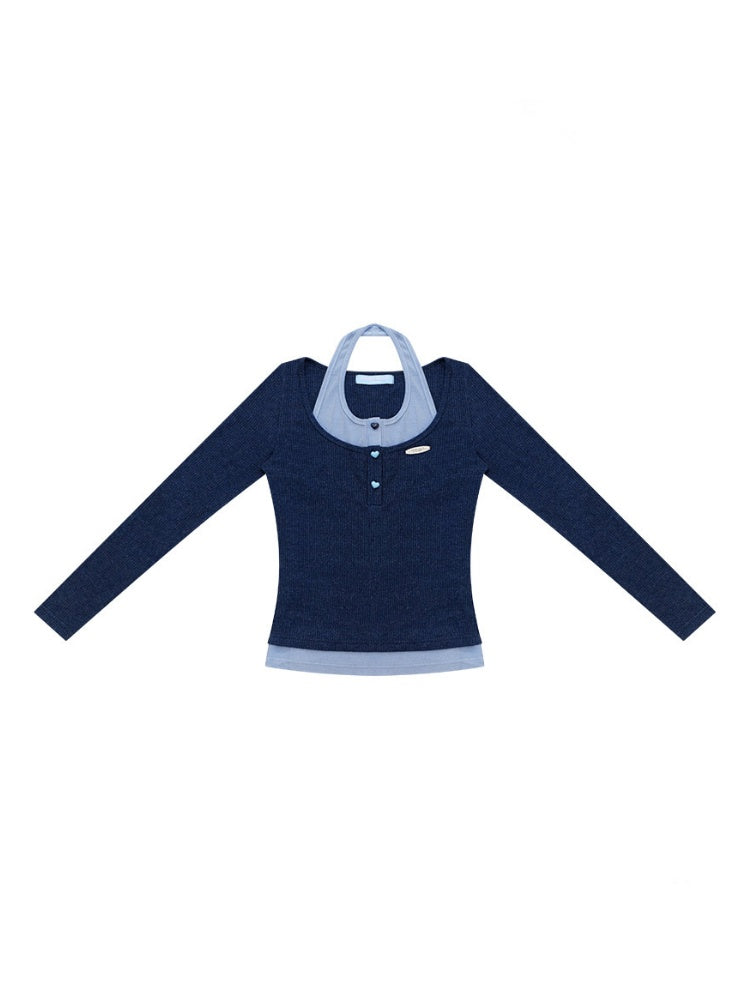 College Style Two-Piece Blue Long-Sleeve T-Shirt&Halter Neck Knit Top【s0000018412】