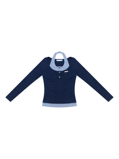 College Style Two-Piece Blue Long-Sleeve T-Shirt&Halter Neck Knit Top【s0000018412】