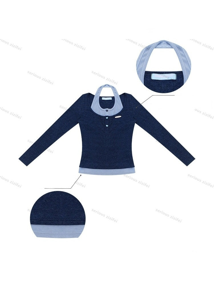 College Style Two-Piece Blue Long-Sleeve T-Shirt&Halter Neck Knit Top【s0000018412】