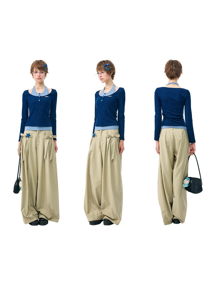 College Style Two-Piece Blue Long-Sleeve T-Shirt&Halter Neck Knit Top【s0000018412】