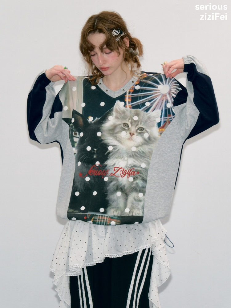 Lazy Style Vintage Playground Cat Print Gray Polka Dot V-Neck Sweatshirt【s0000018413】