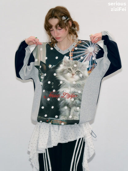 Lazy Style Vintage Playground Cat Print Gray Polka Dot V-Neck Sweatshirt【s0000018413】