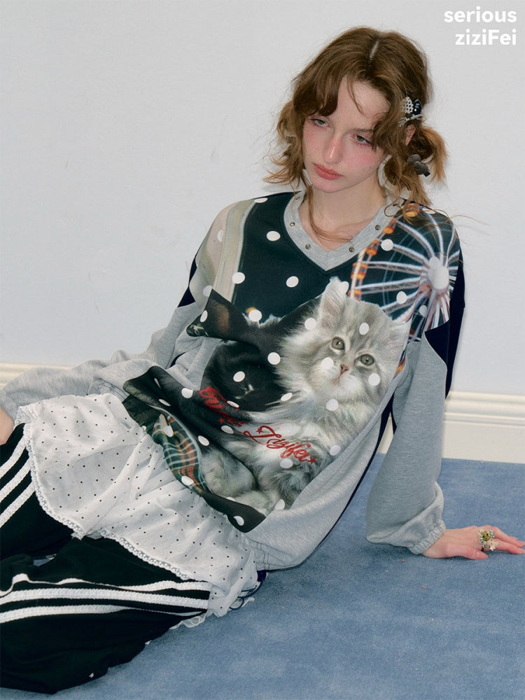 Lazy Style Vintage Playground Cat Print Gray Polka Dot V-Neck Sweatshirt【s0000018413】