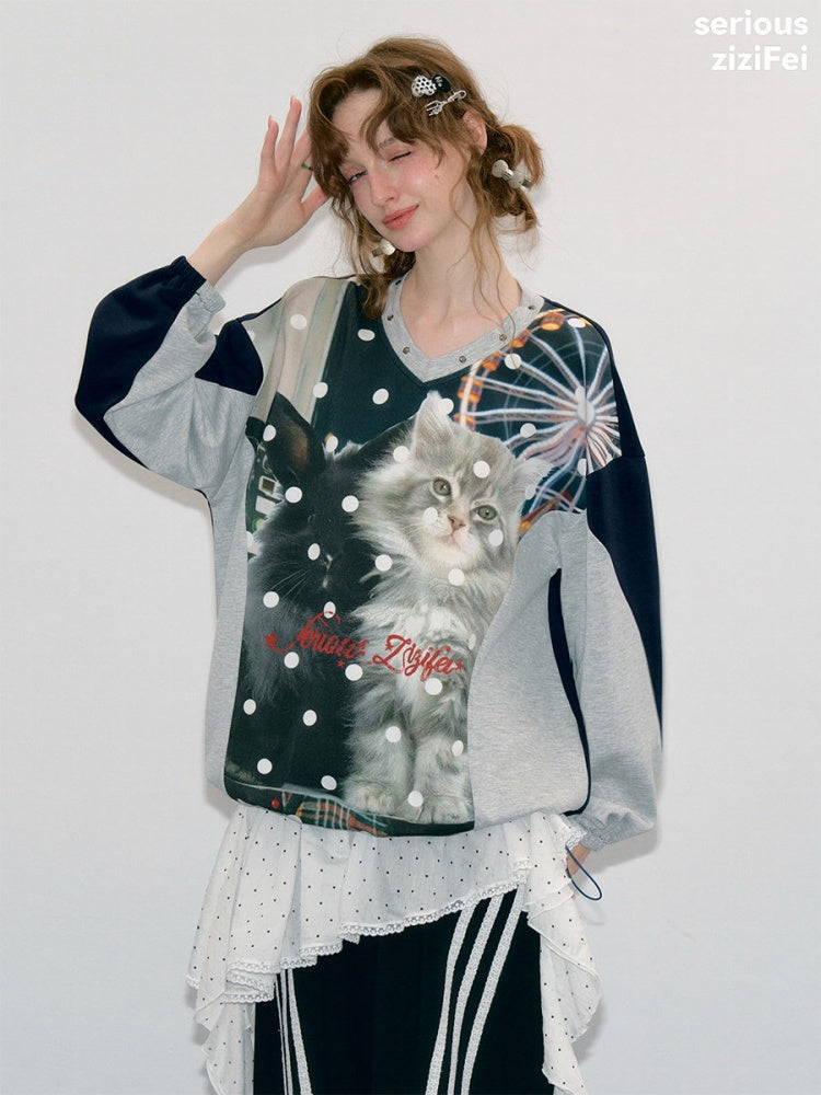 Lazy Style Vintage Playground Cat Print Gray Polka Dot V-Neck Sweatshirt【s0000018413】