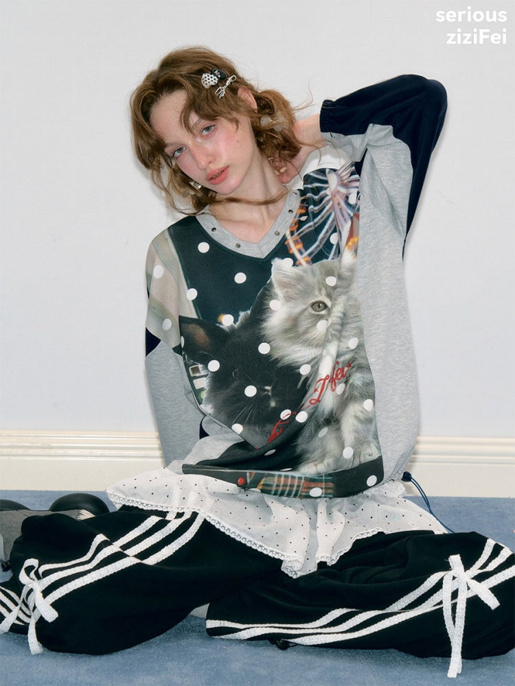 Lazy Style Vintage Playground Cat Print Gray Polka Dot V-Neck Sweatshirt【s0000018413】