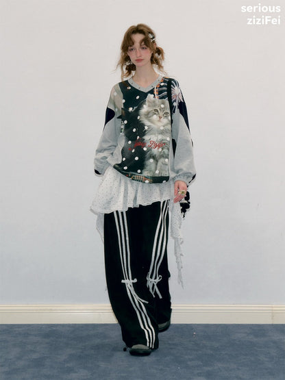 Lazy Style Vintage Playground Cat Print Gray Polka Dot V-Neck Sweatshirt【s0000018413】
