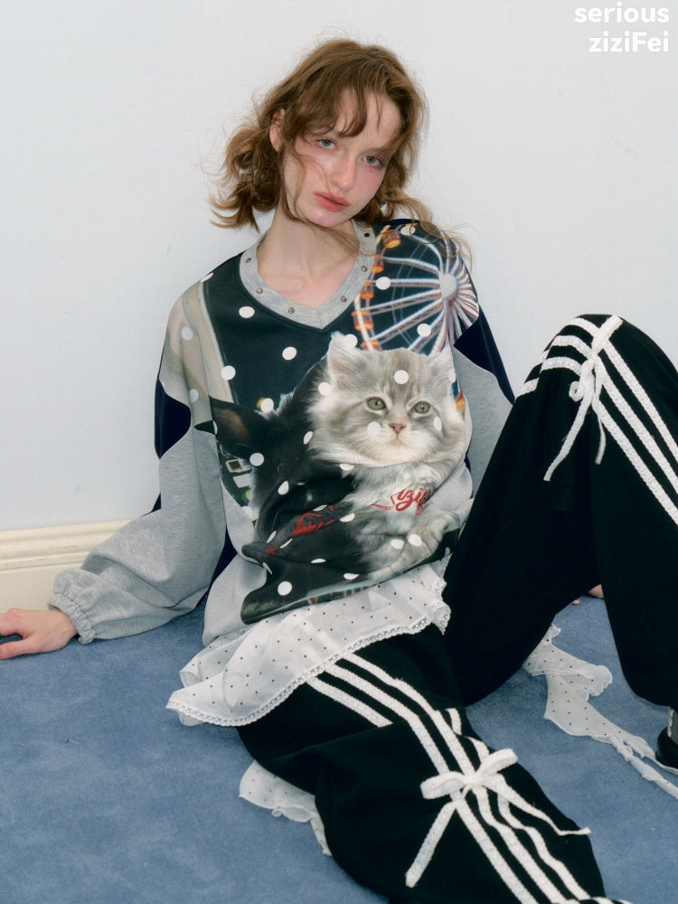 Lazy Style Vintage Playground Cat Print Gray Polka Dot V-Neck Sweatshirt【s0000018413】
